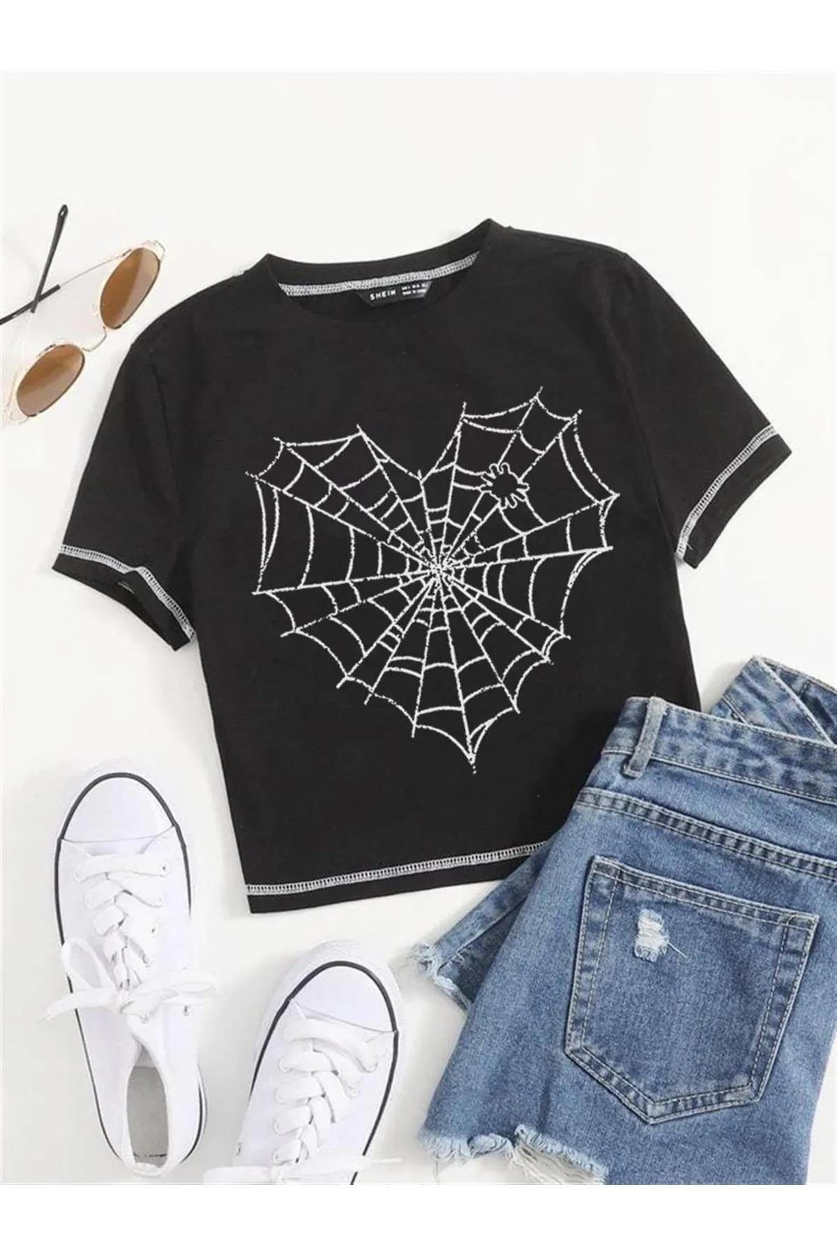 Spider Web Siyah Baskılı Crop Top
