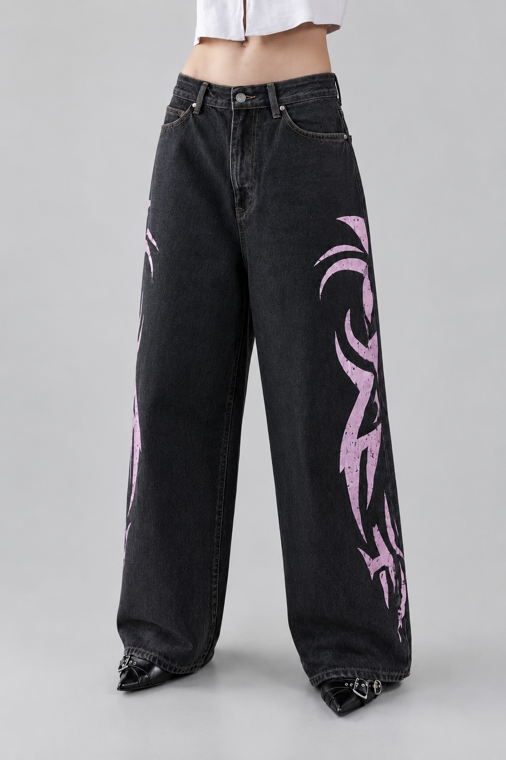 Tribal Desenli Pembe Yıkamalı Jean
