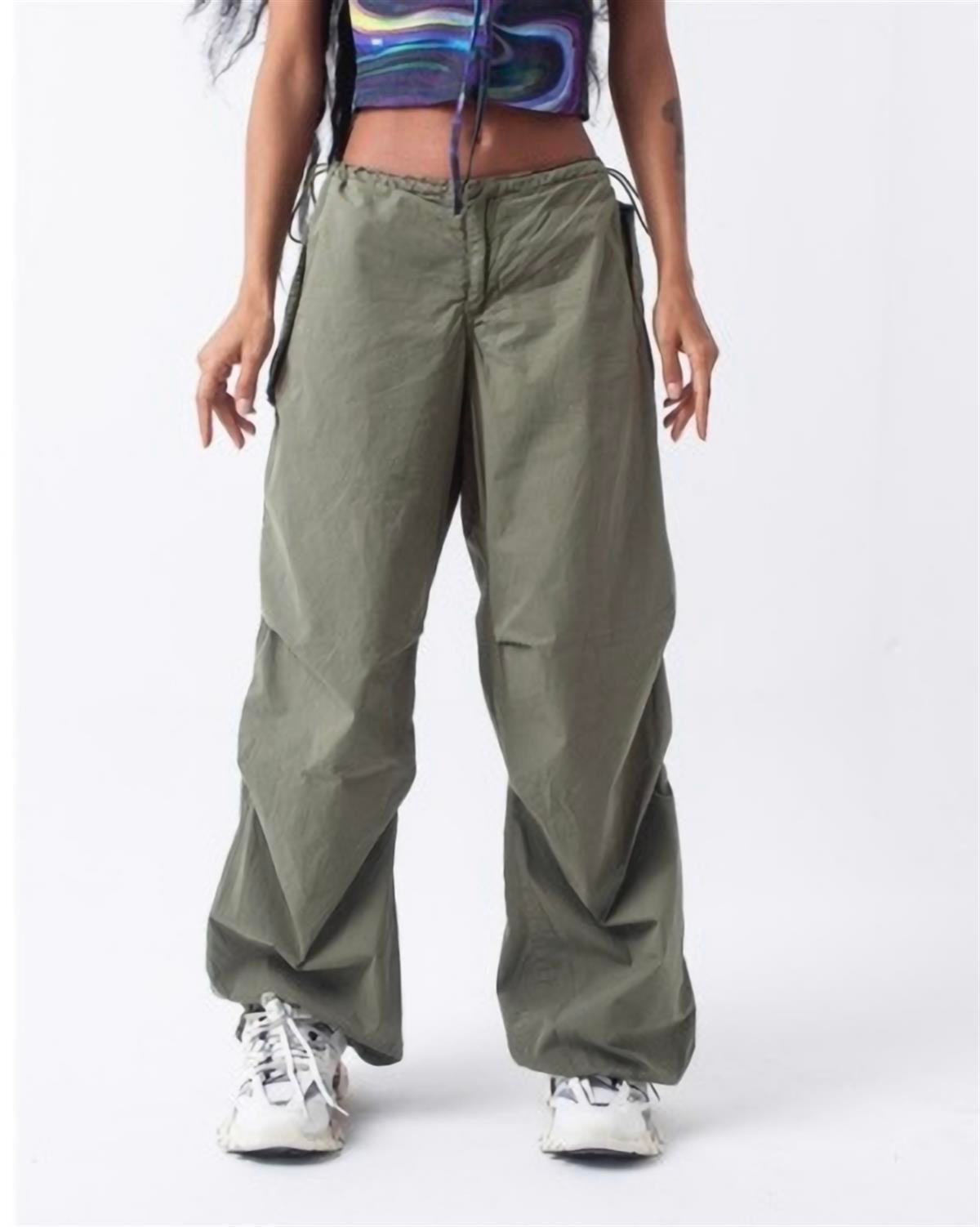 Unisex Haki Yeşil Tactical Baggy Bol Kalıp Bel Lastikli Oversize Pantolon