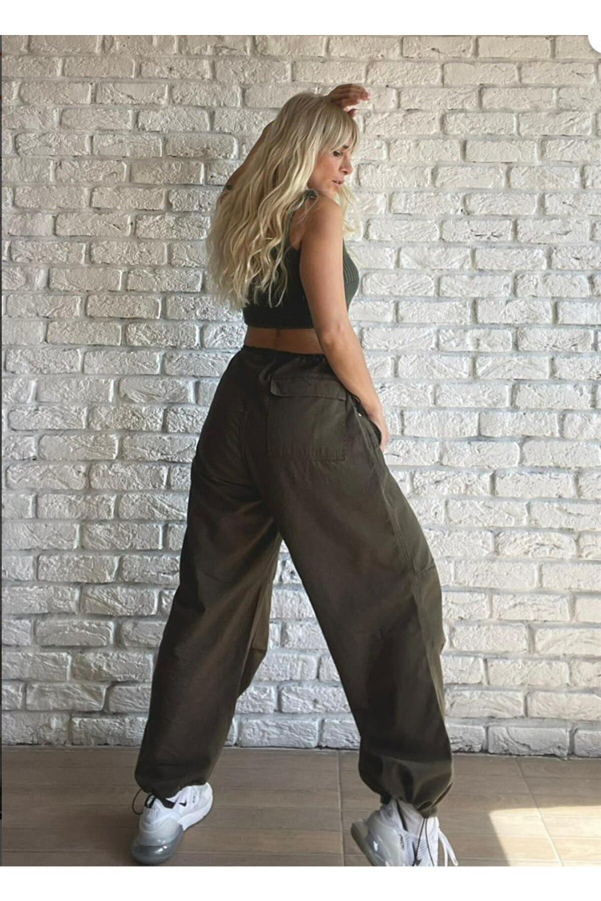 Unisex Haki Yeşil Tactical Baggy Bol Kalıp Bel Lastikli Oversize Pantolon