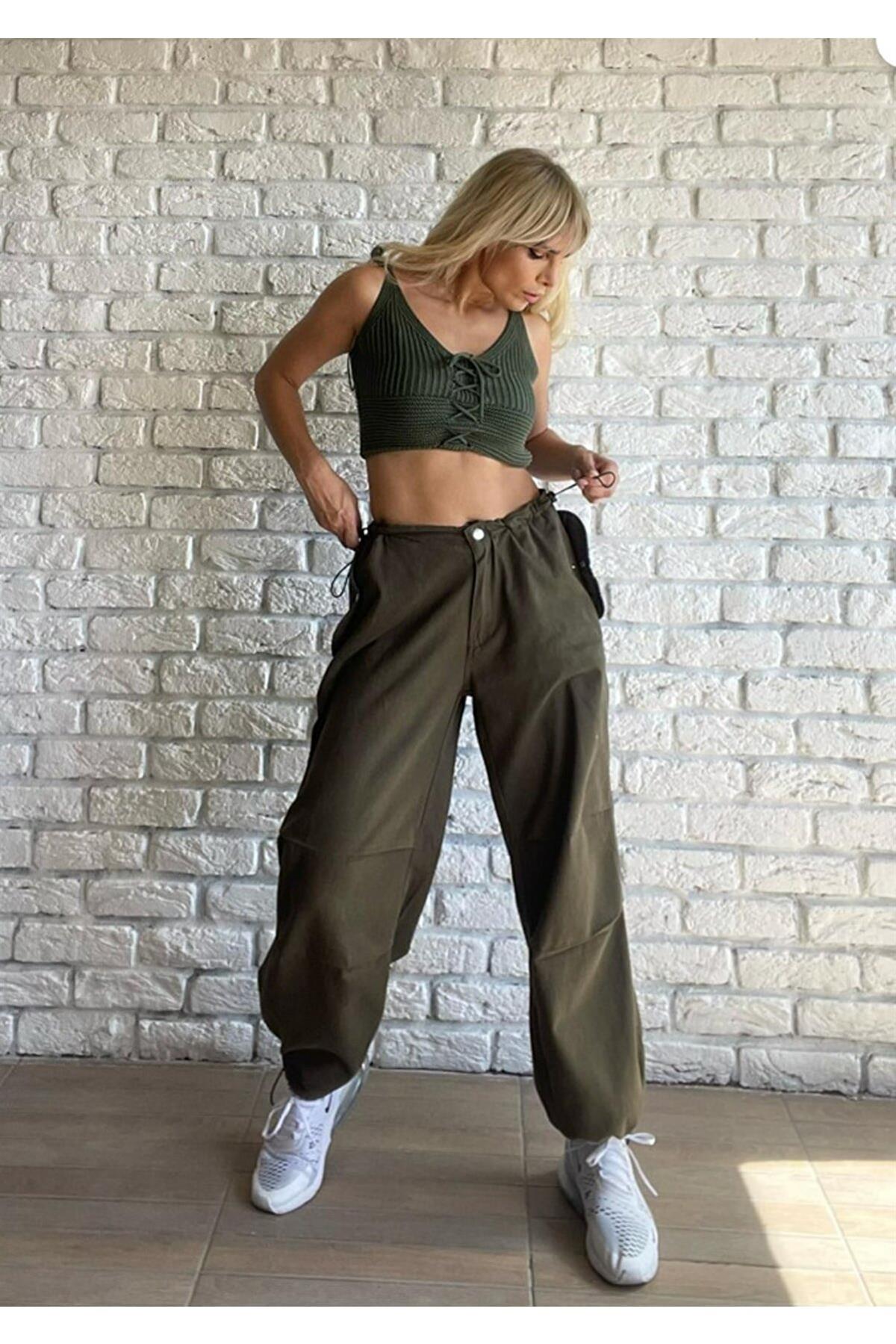 Unisex Haki Yeşil Tactical Baggy Bol Kalıp Bel Lastikli Oversize Pantolon
