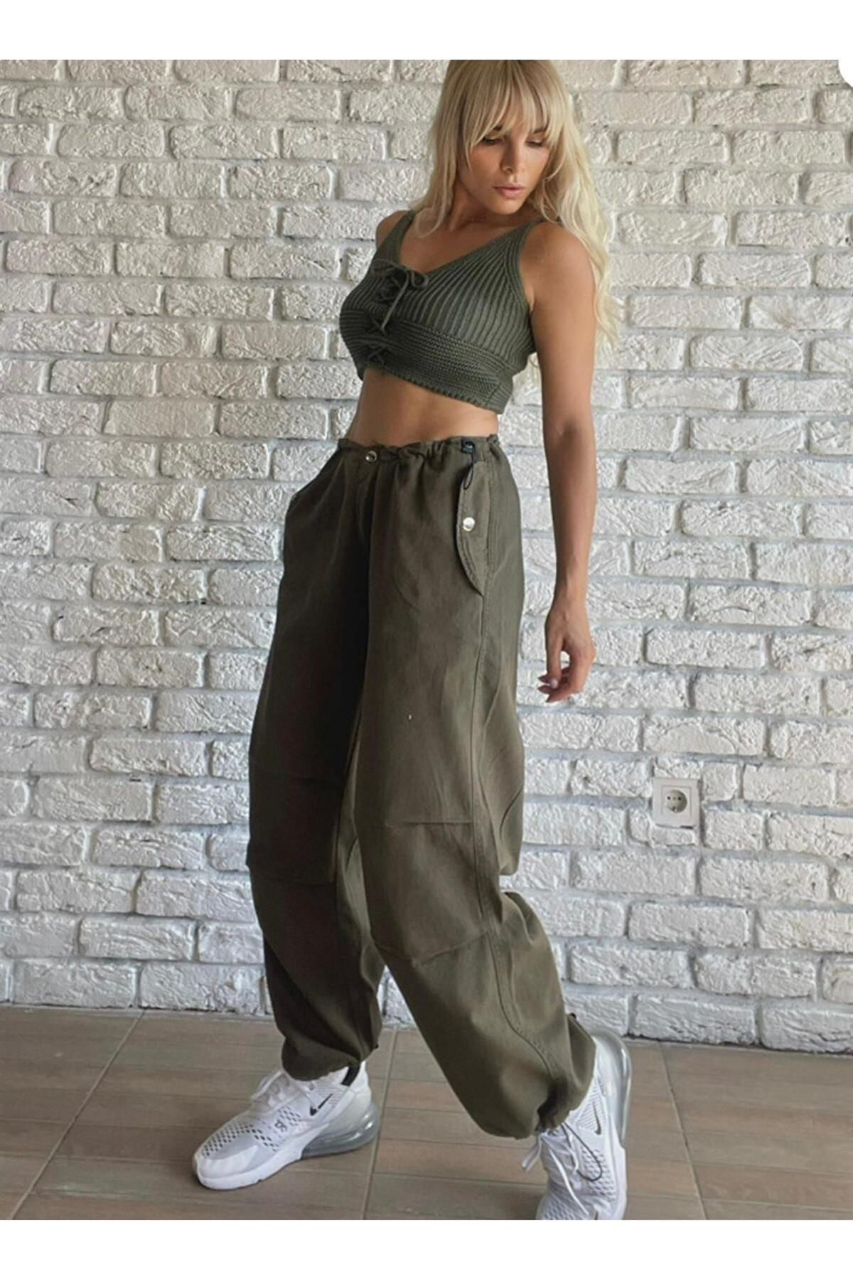 Unisex Haki Yeşil Tactical Baggy Bol Kalıp Bel Lastikli Oversize Pantolon