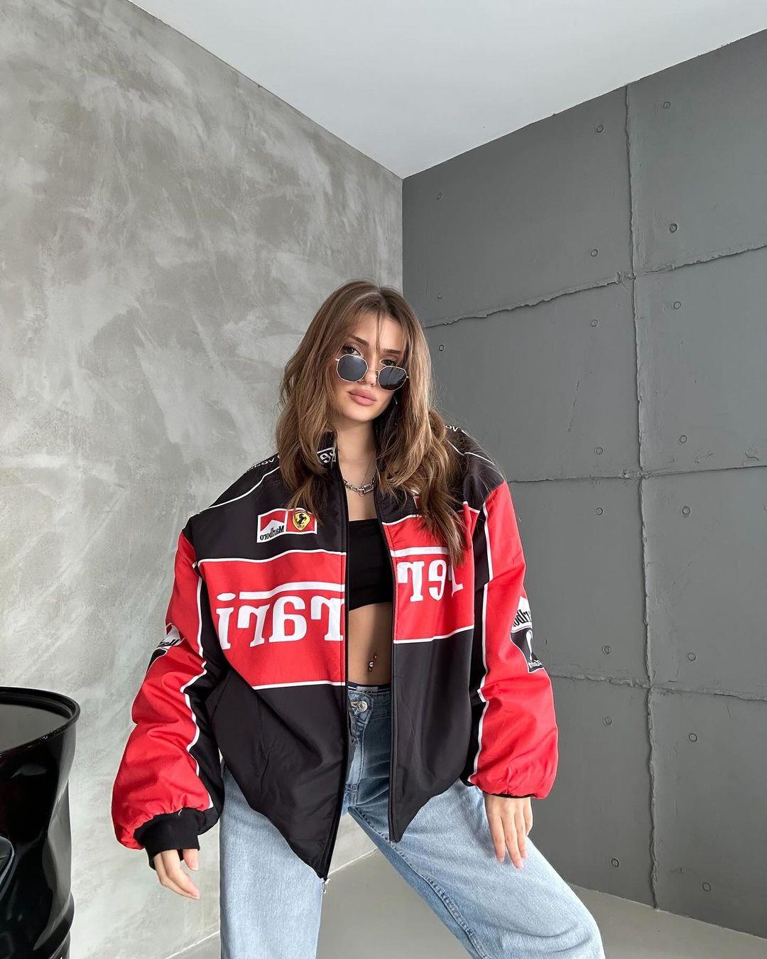 Unisex Oversize Ferrari Baskılı Yarışçı Bomber Ceket