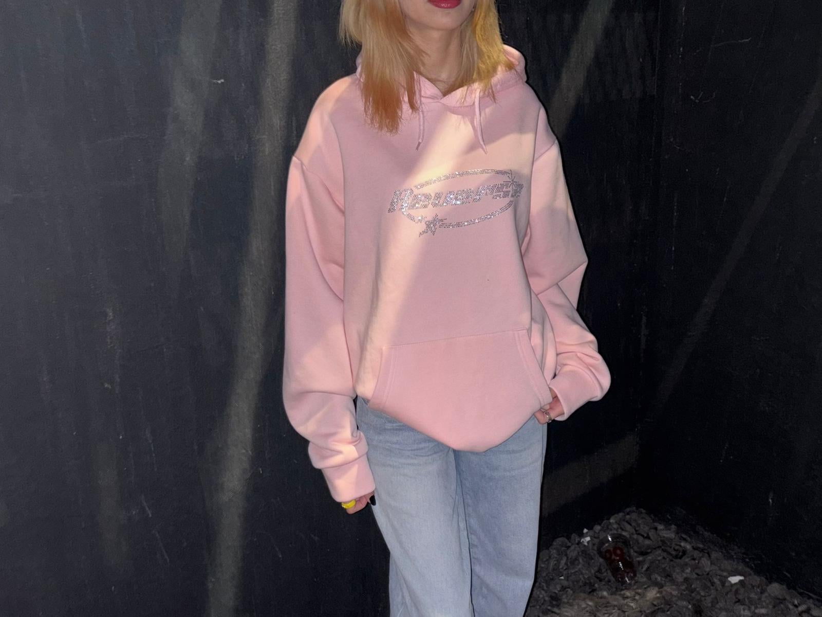 Unisex Reverse Taş Baskılı Sweatshirt Pembe