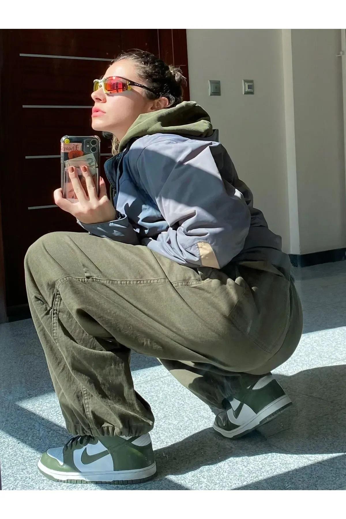 Unisex Tactical Baggy Haki Yeşil Paraşüt Kumaş Ayarlanabilir Bel Bol Pantolon