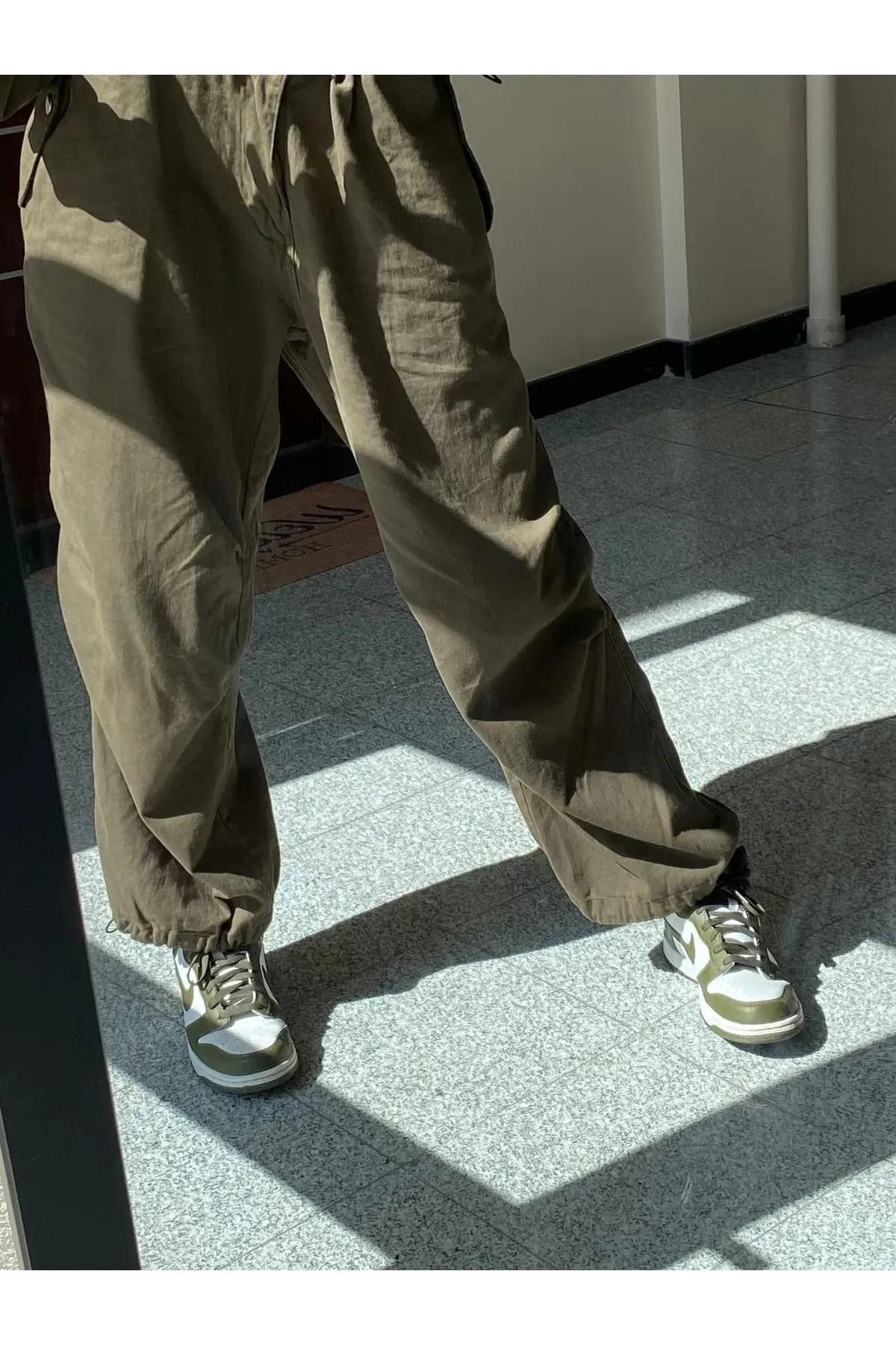 Unisex Tactical Baggy Haki Yeşil Paraşüt Kumaş Ayarlanabilir Bel Bol Pantolon