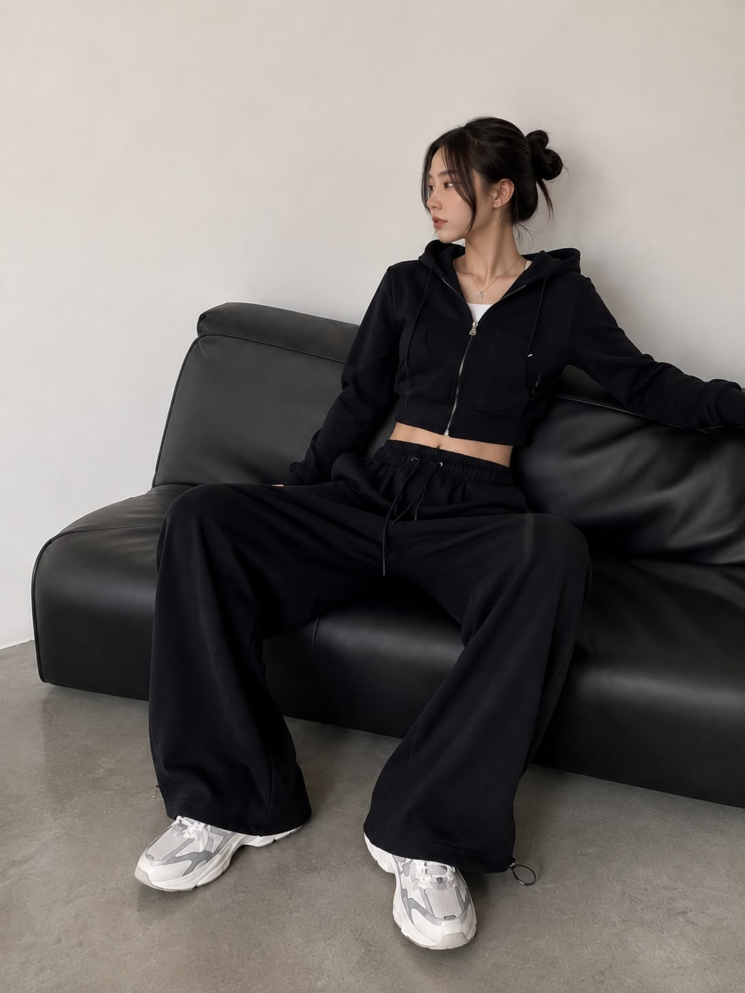 Urban Siyah Crop Hoodie Eşofman Takımı