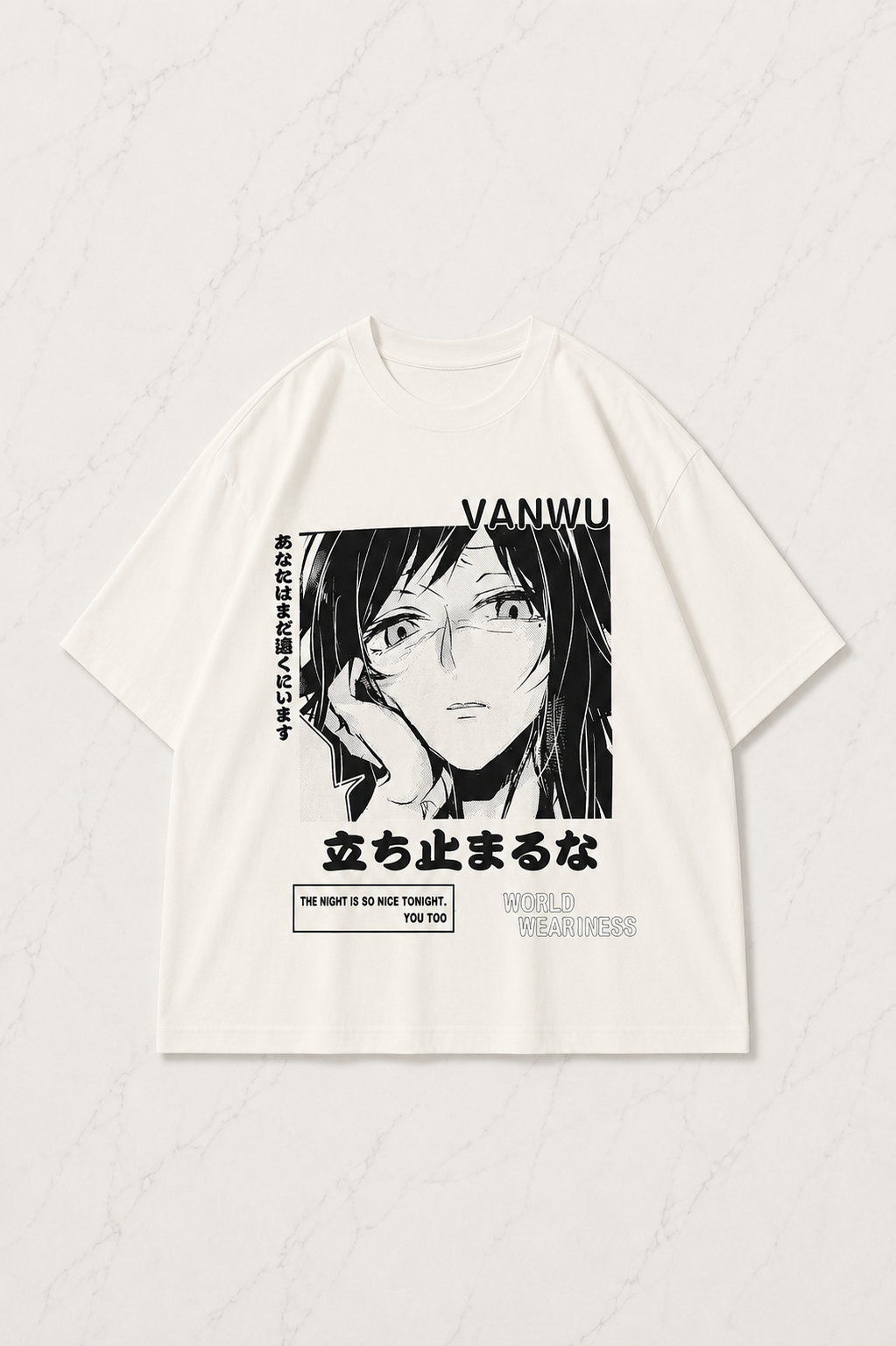 Vanwu Anime Detaylı Oversize Unisex Beyaz T-shirt