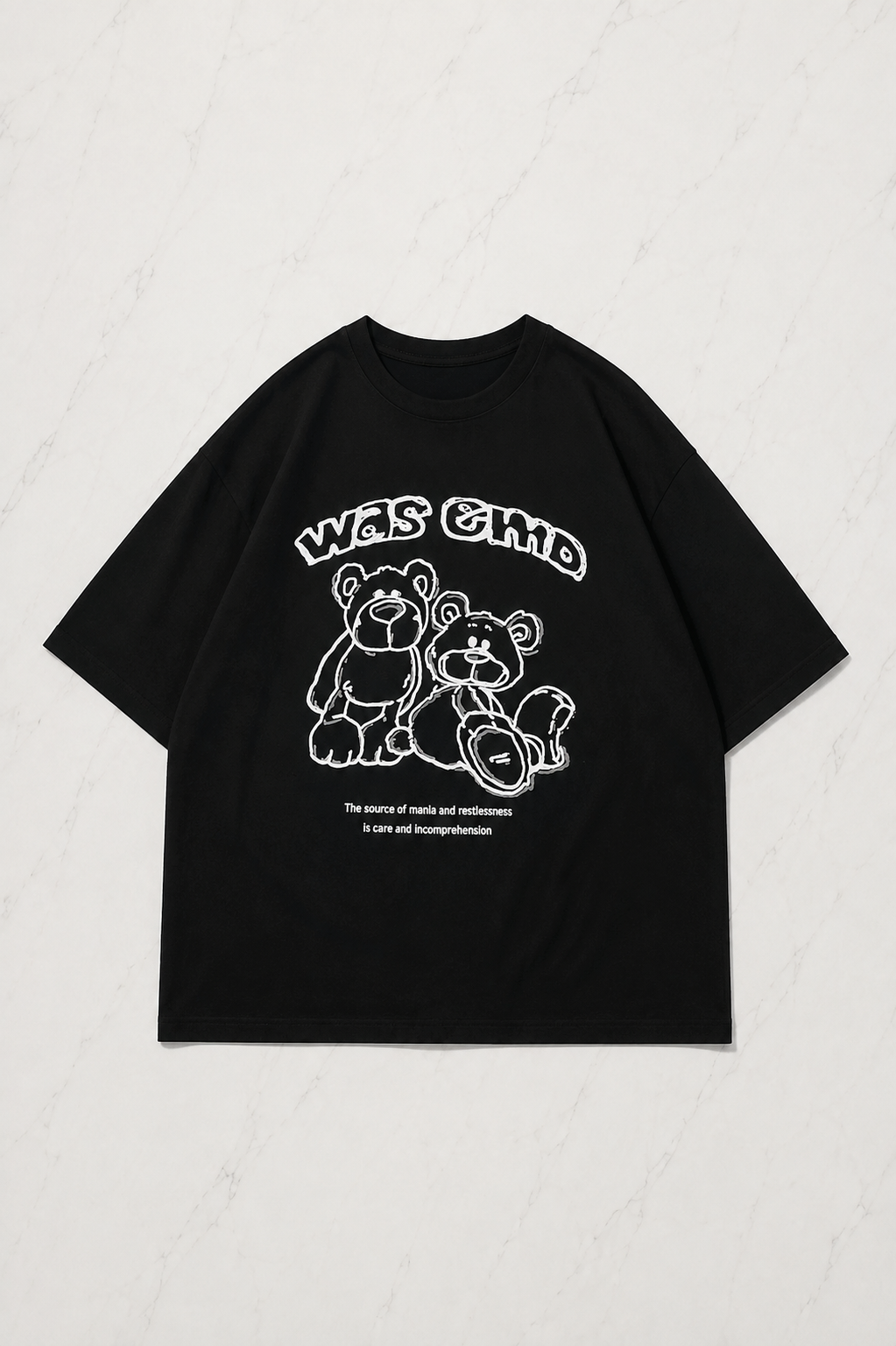 Was Emd Detaylı Oversize Unisex Siyah T-shirt