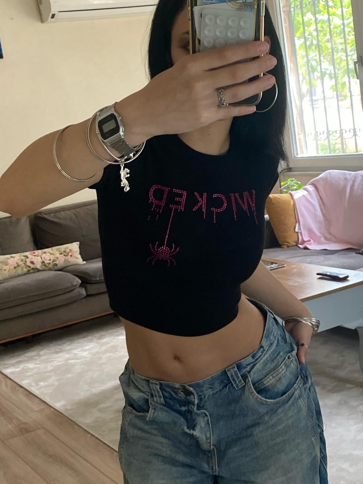 Wıcked Pembe Taş Baskılı Crop