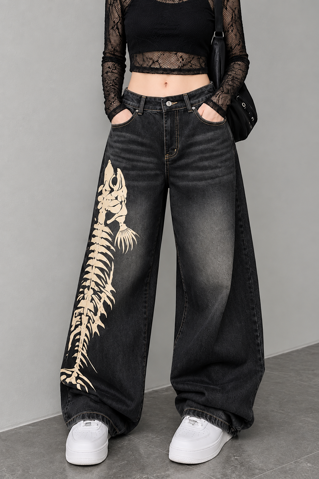 Y2K Balık İskeleti Baggy Unisex Jean Pantolon