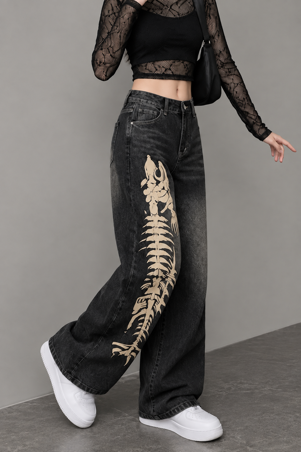 Y2K Balık İskeleti Baggy Unisex Jean Pantolon
