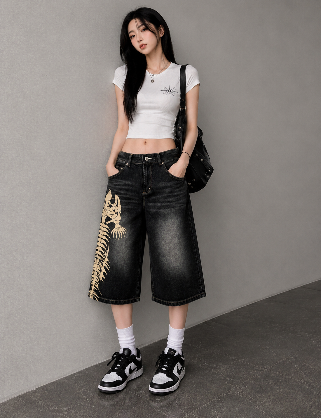 Y2K Balık İskeleti Baskılı Baggy Denim Bermuda Şort