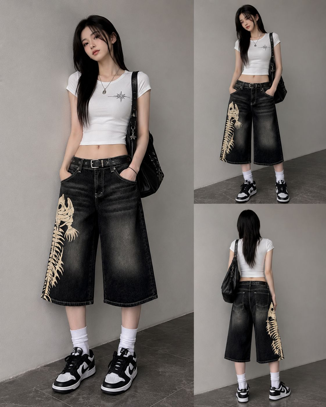 Y2K Balık İskeleti Baskılı Baggy Denim Bermuda Şort