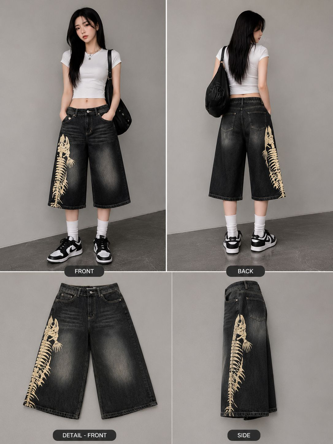 Y2K Balık İskeleti Baskılı Baggy Denim Bermuda Şort