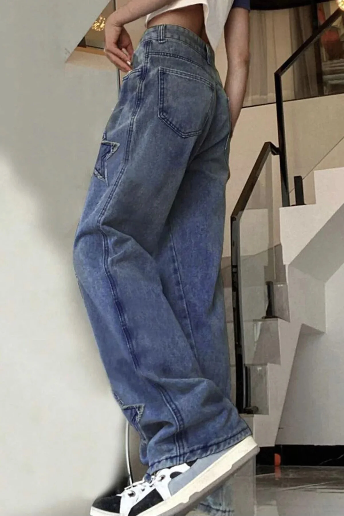 Y2k Mavi Y2k Stars Patch Detay Jeans 