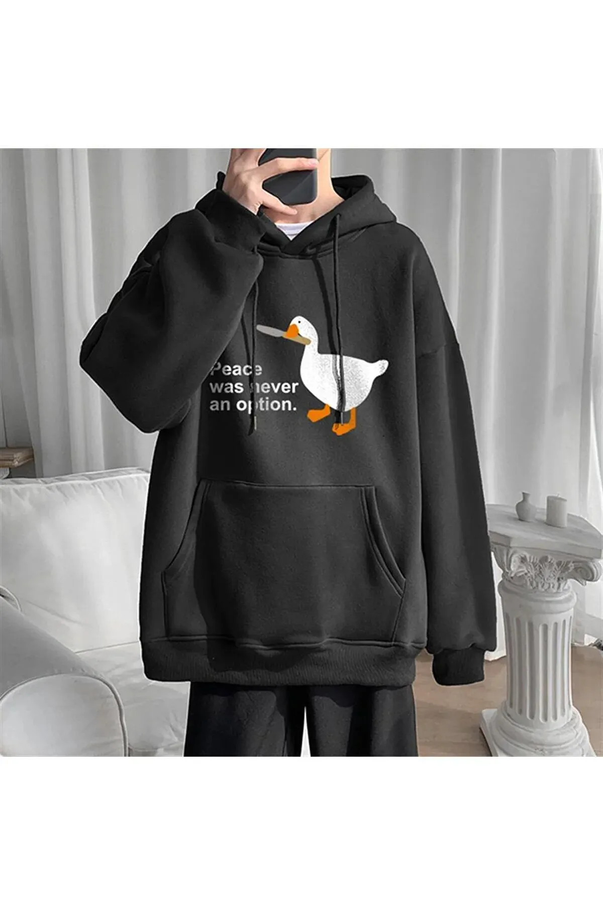 Y2k Oversize Bol Unisex Kapüşonlu Duck Peace Baskılı Sweatshirt