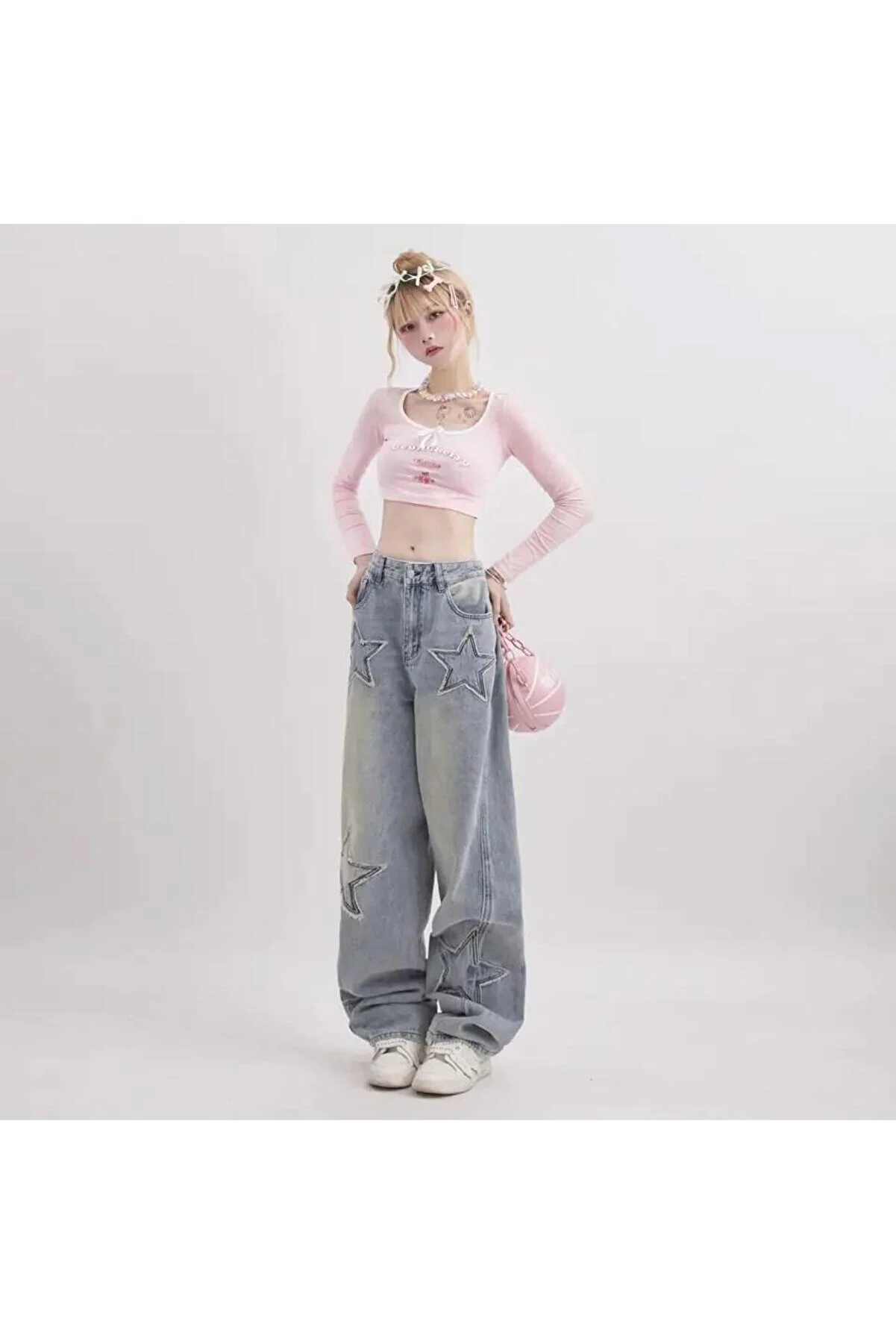 Y2k Streetwear Blue Yıldız Detail Unisex Baggy Tech Pantolon