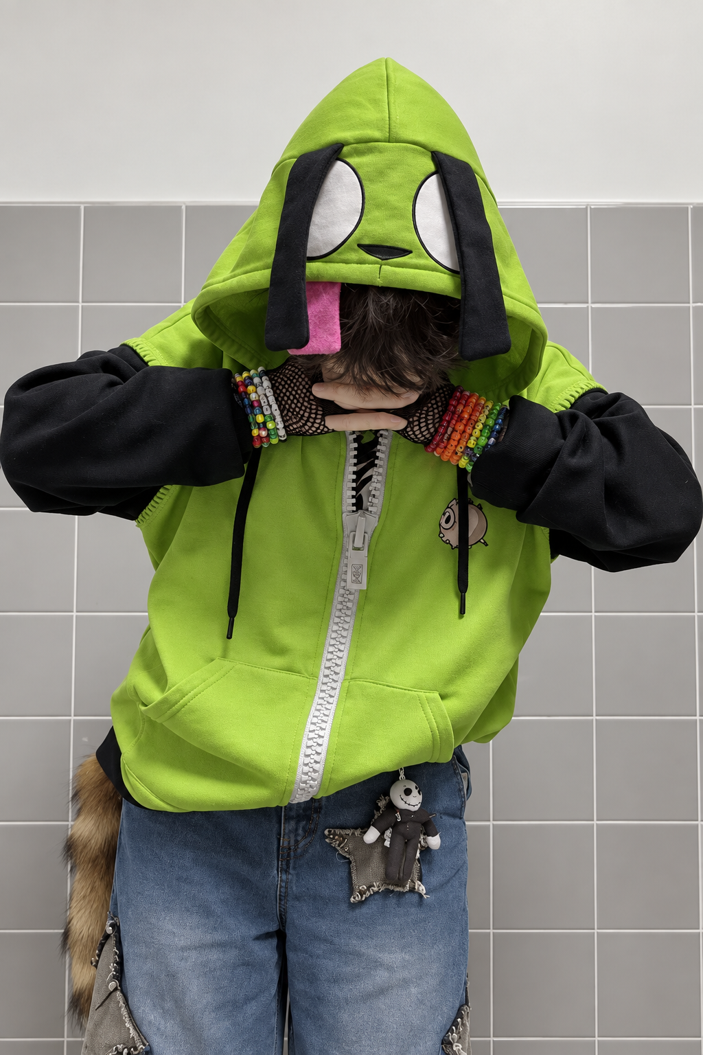 Yeşil Invader Zim Gir Kulaklı Y2K Unisex Hırka
