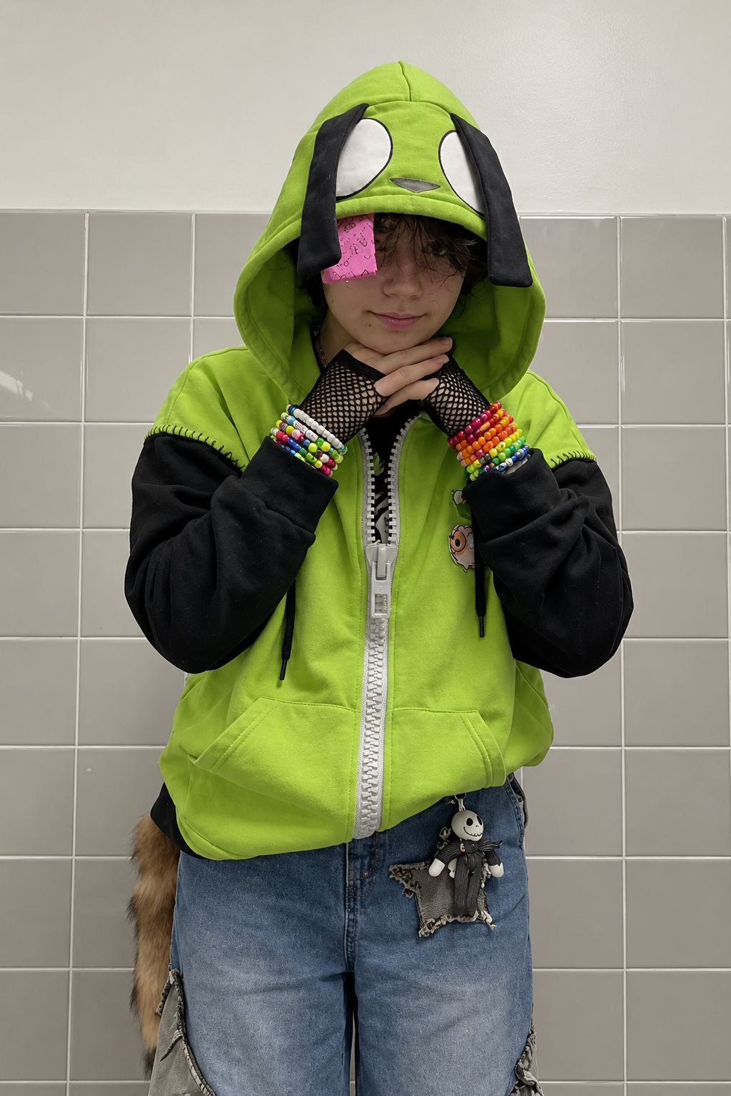 Yeşil Invader Zim Gir Kulaklı Y2K Unisex Hırka