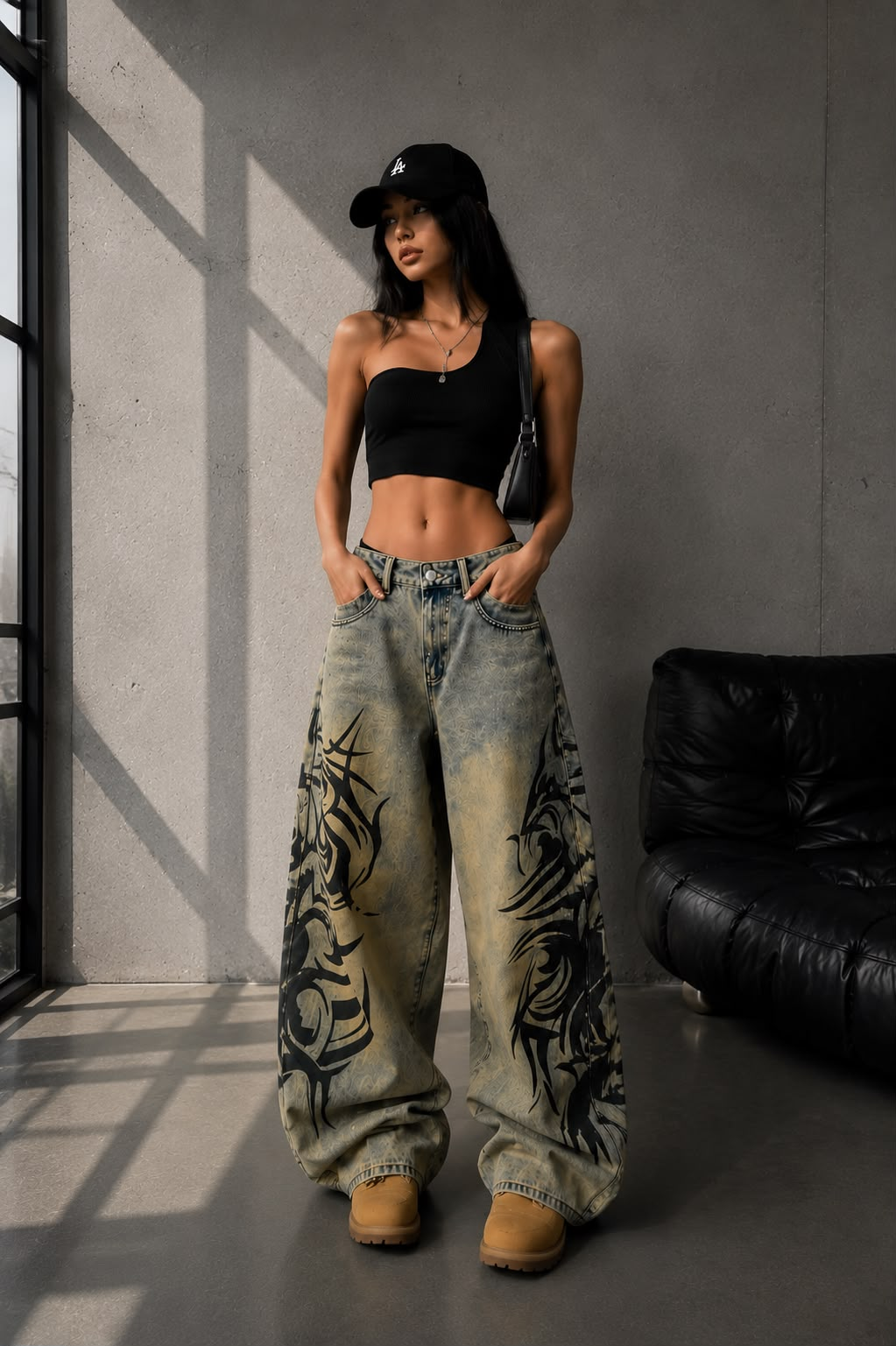 Yıkamalı Tint Dragon Detail Baggy Unisex Jean