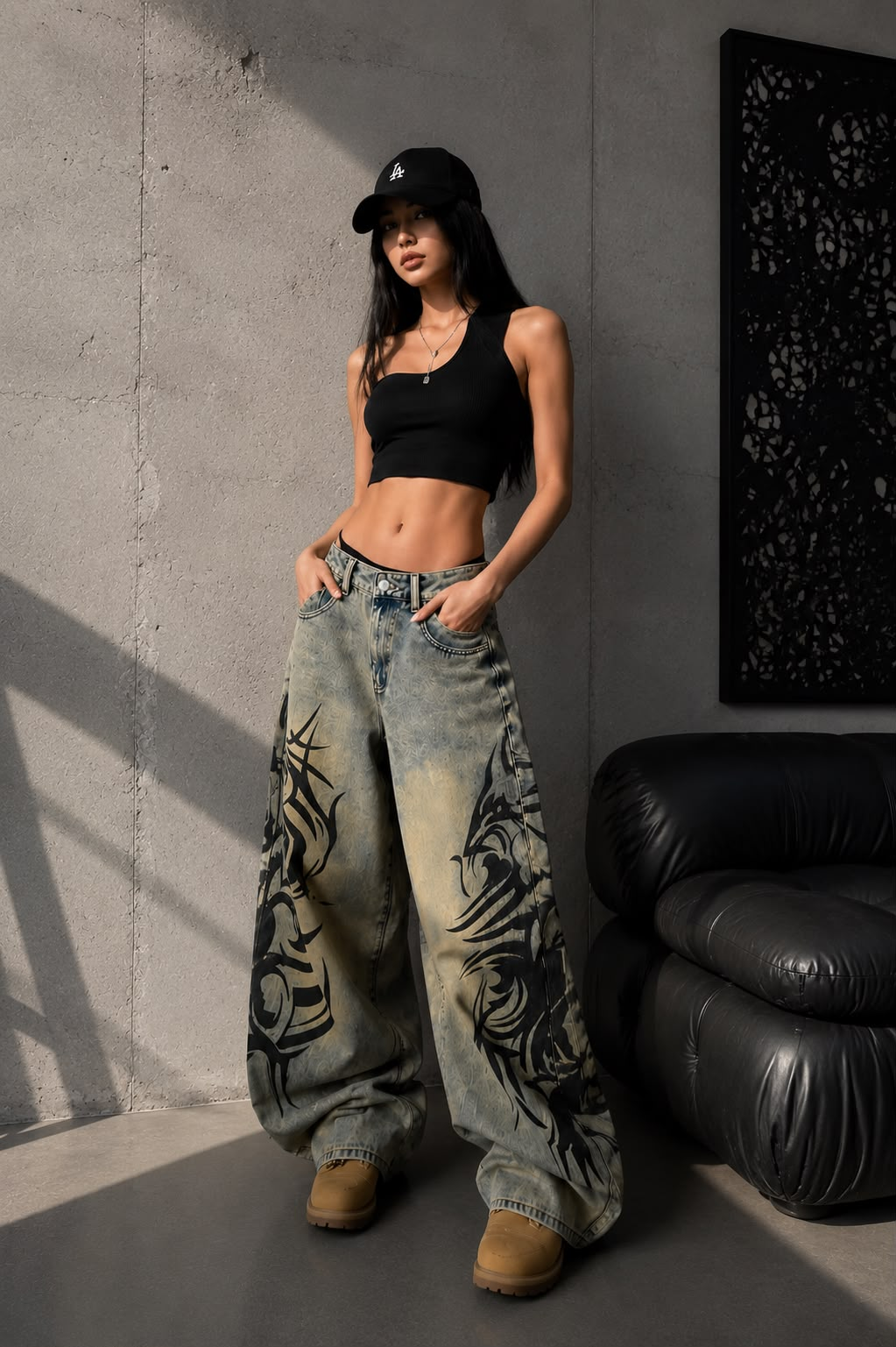 Yıkamalı Tint Dragon Detail Baggy Unisex Jean