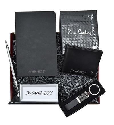 Defter Masaüstü Kristal İsimlik Pierre Cardin Cüzdan ve Anahtarlık Hediye Kutusu