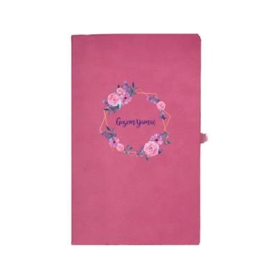 Pembe Çiçek Çerçeveli Defter Cam Matara Kolonya ve Kalem Hediye Kutusu