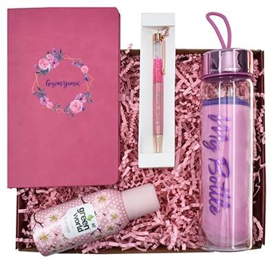 Pembe Çiçek Çerçeveli Defter Cam Matara Kolonya ve Kalem Hediye Kutusu