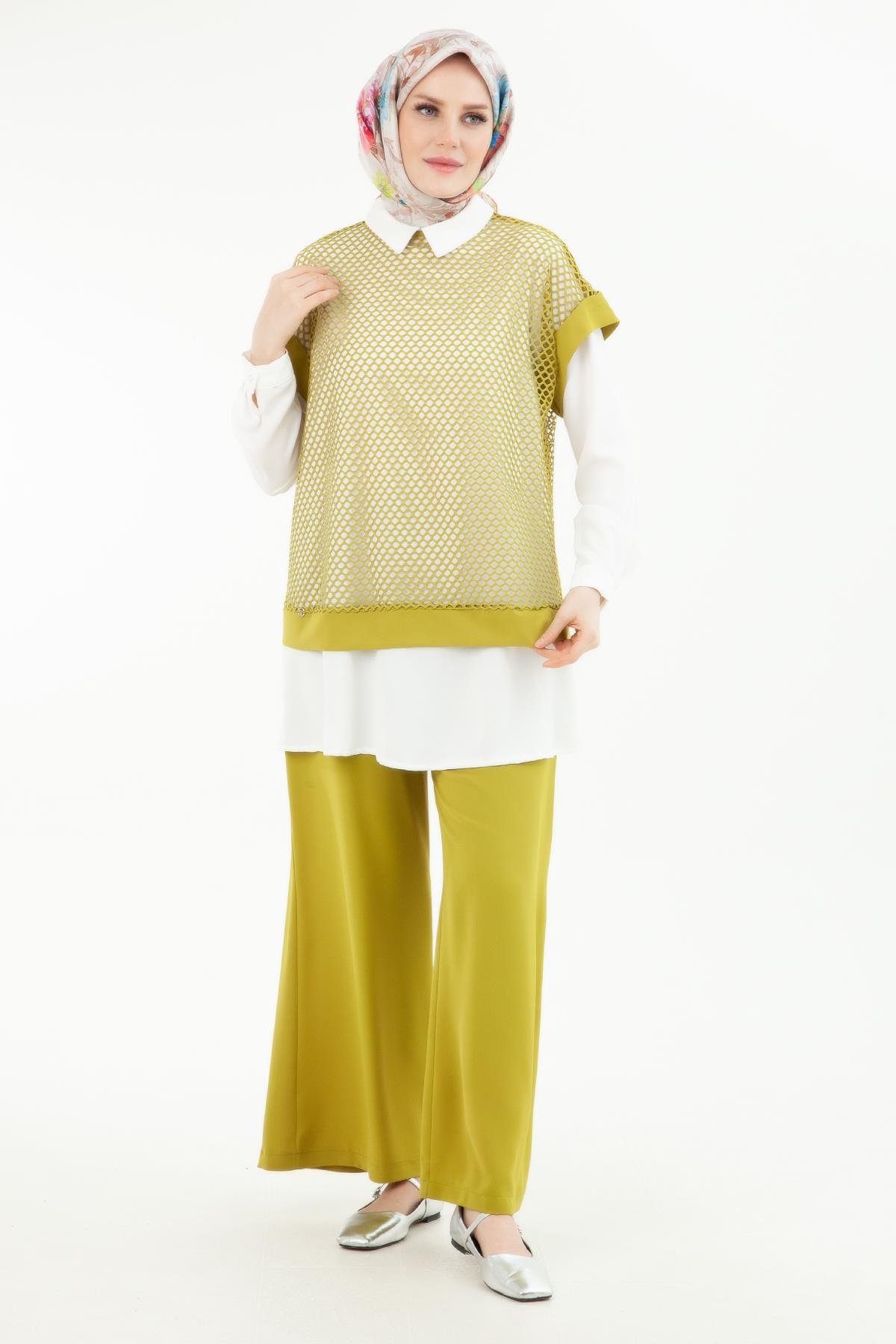 ARMİNE TREND Beli Lastikli Pantolonlu Basic Gömlekli Fileli Üçlü Takım Olive-24YT633