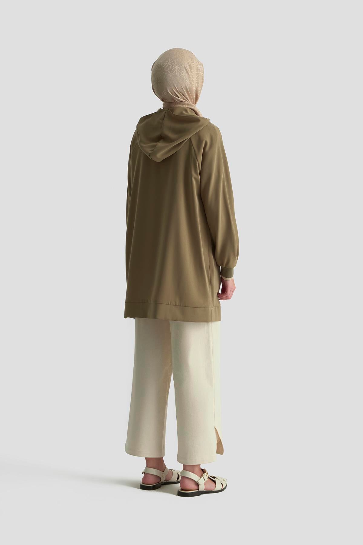 ARMİNE TREND Boydan Fermuarlı Kapüşonlu Tunik-Haki 25YT409