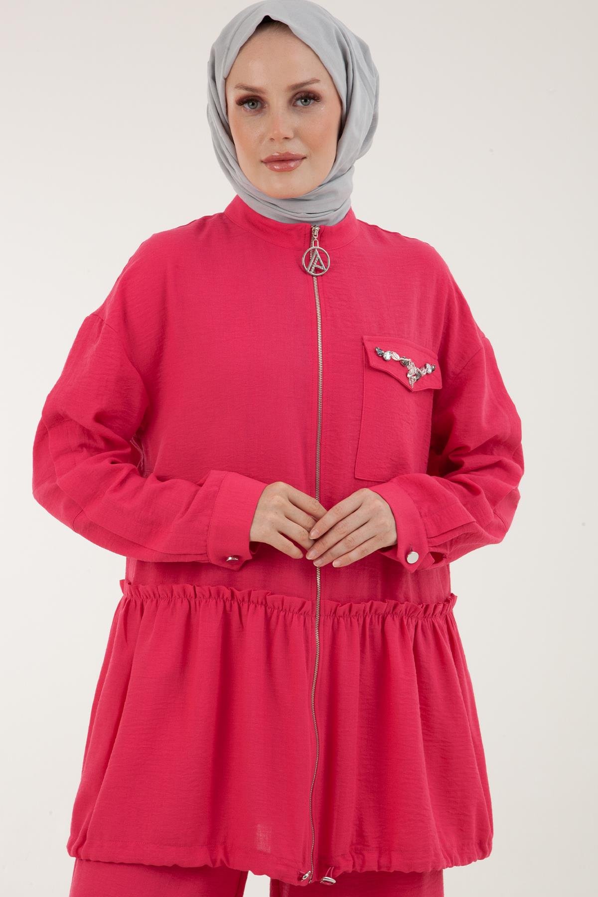 ARMİNE TREND Cebi Taş Detaylı Beli Büzgülü Pantolonlu Takım-Koyu Fuşya 23YT659