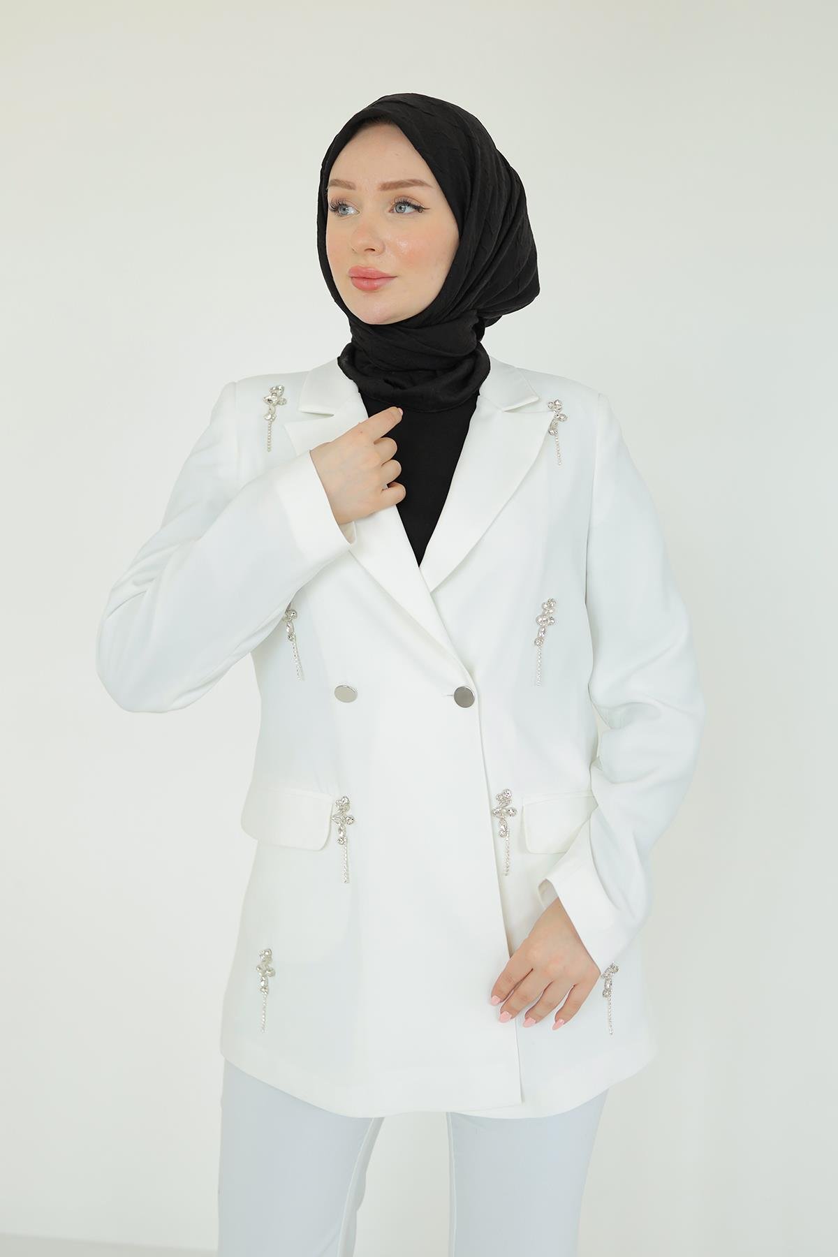 ARMİNE TREND Ceket ve Pantolonlu Taş Detaylı İkili Takım-Ekru 25YT629