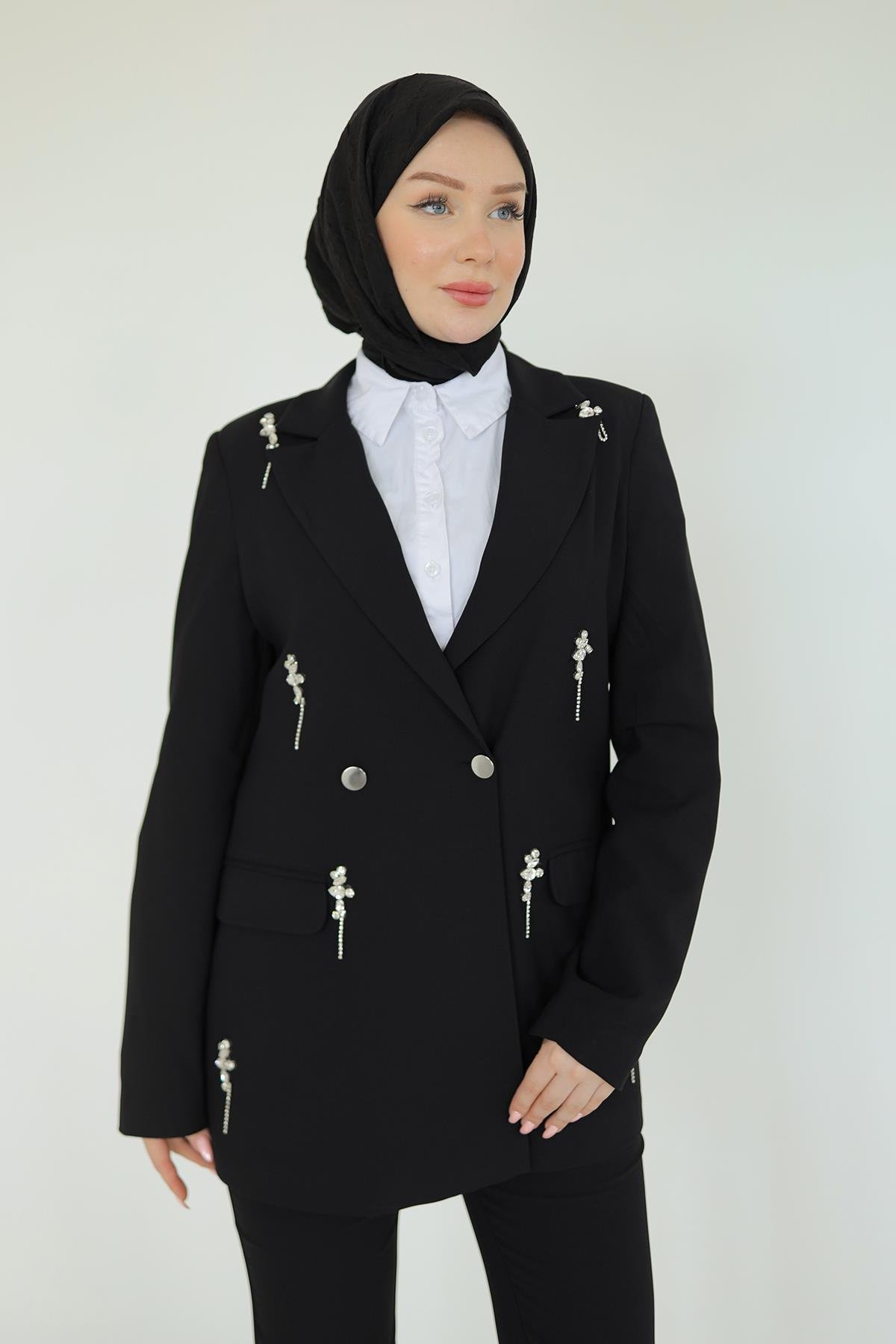 ARMİNE TREND Ceket ve Pantolonlu Taş Detaylı İkili Takım-Siyah 25YT629