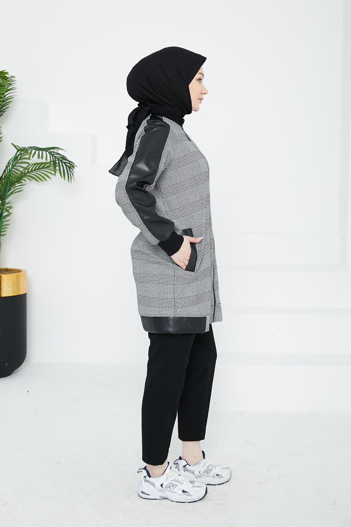 ARMİNE TREND Cepli Ekose Kare Desenli Tunik-Siyah 24KT465