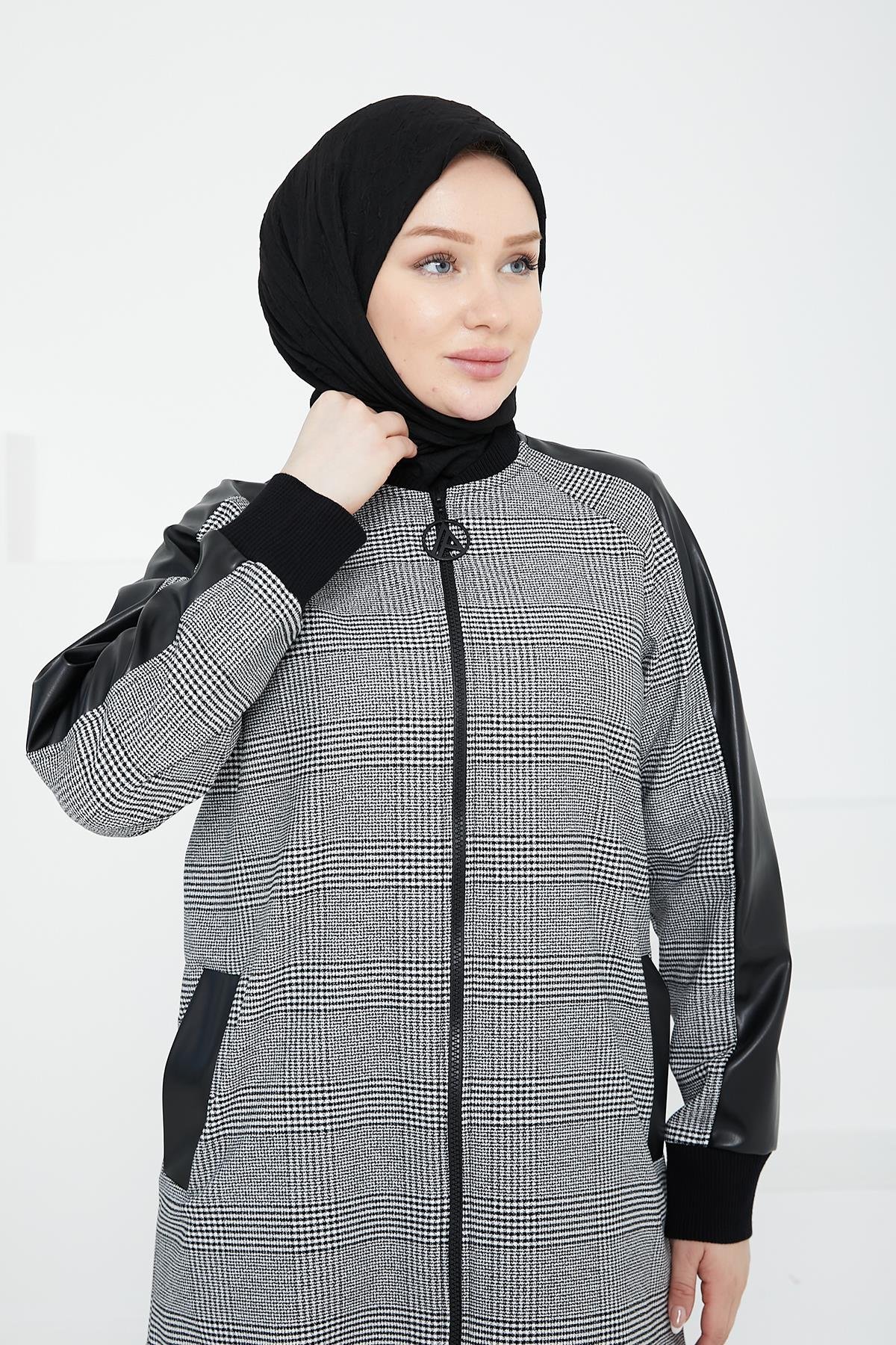 ARMİNE TREND Cepli Ekose Kare Desenli Tunik-Siyah 24KT465
