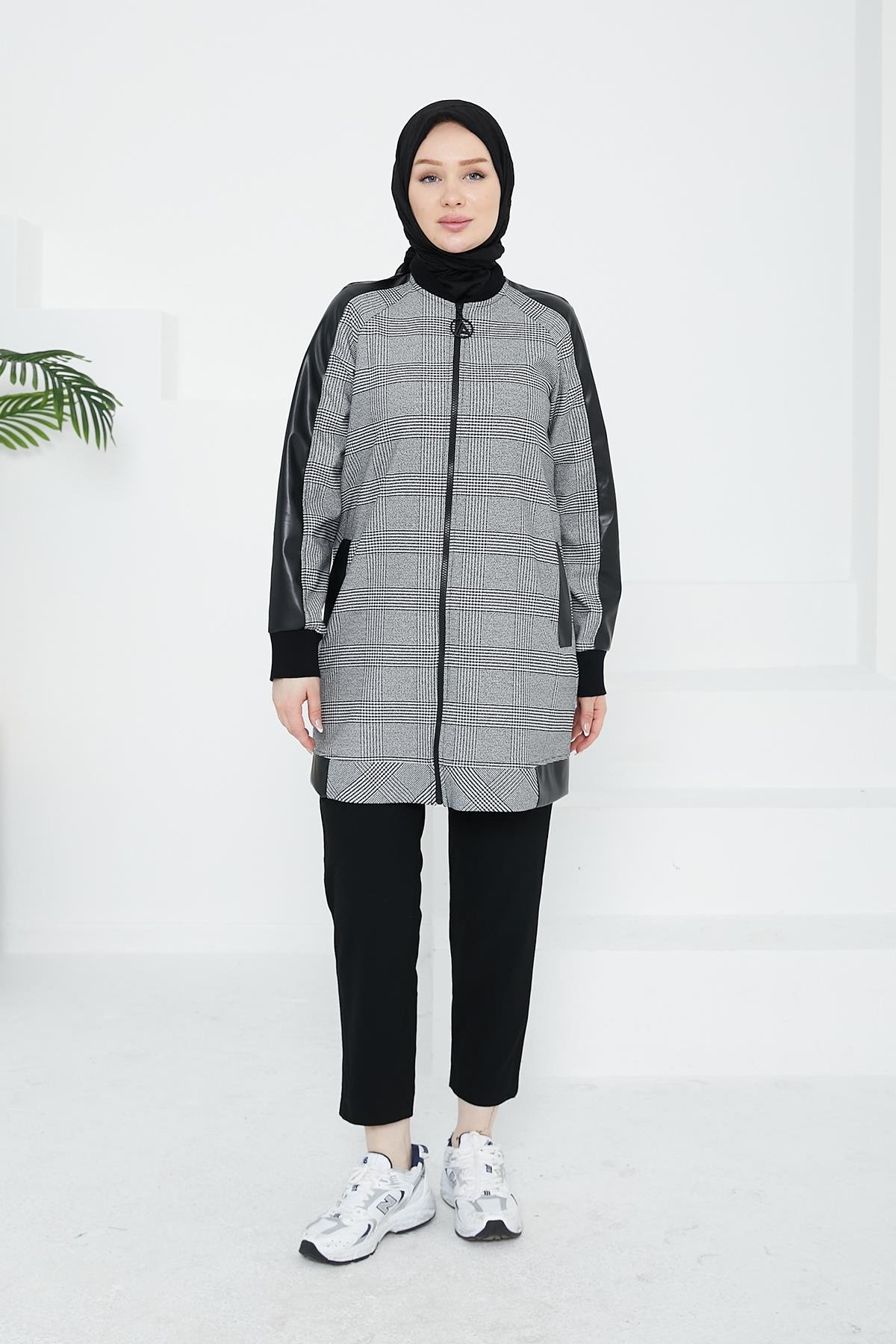 ARMİNE TREND Cepli Ekose Kare Desenli Tunik-Siyah 24KT465