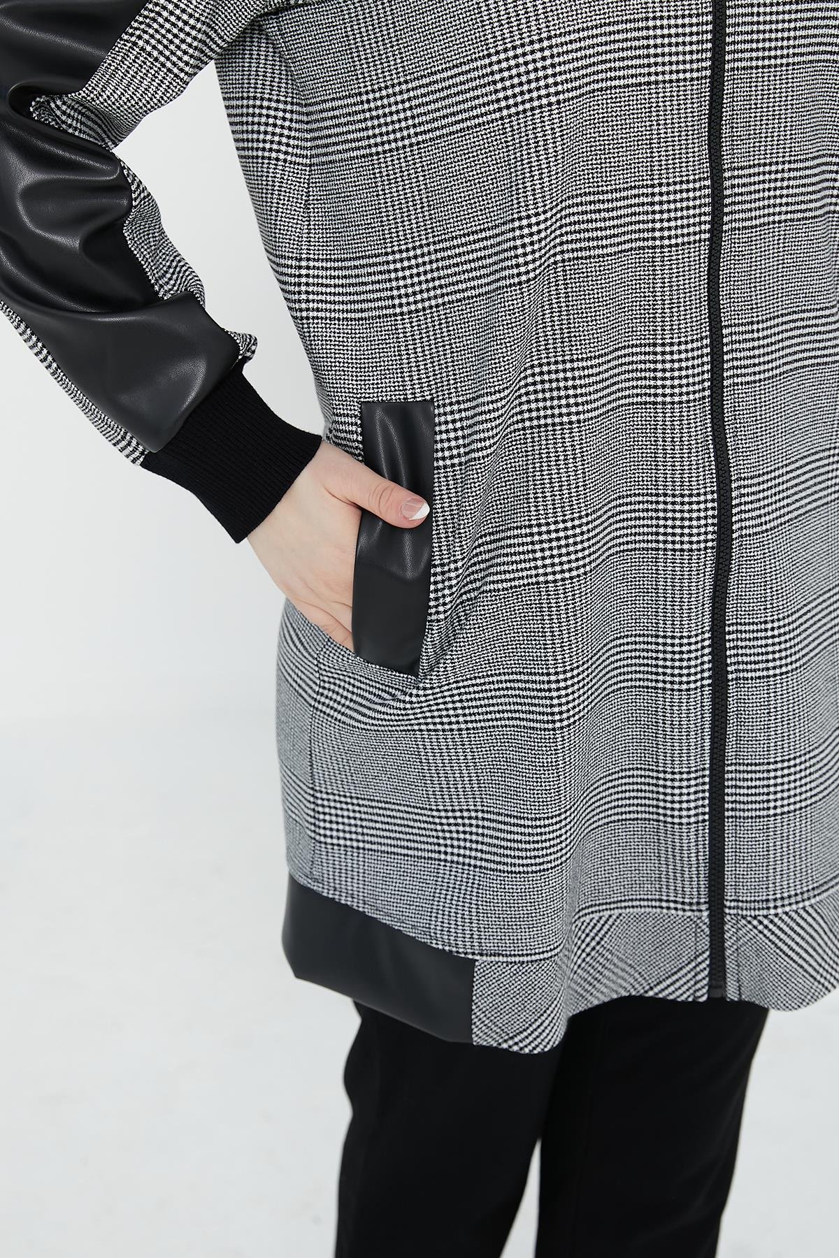 ARMİNE TREND Cepli Ekose Kare Desenli Tunik-Siyah 24KT465
