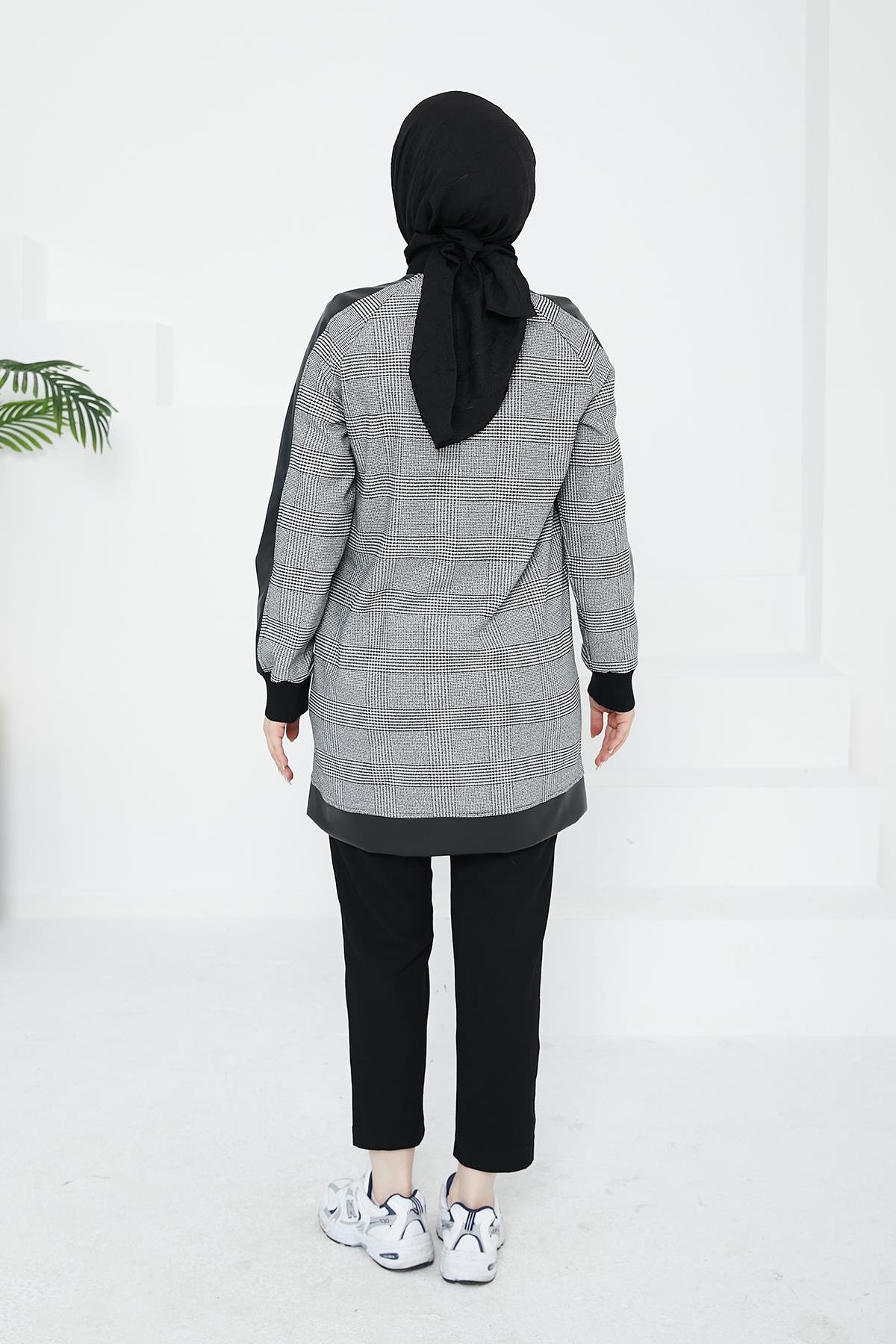 ARMİNE TREND Cepli Ekose Kare Desenli Tunik-Siyah 24KT465