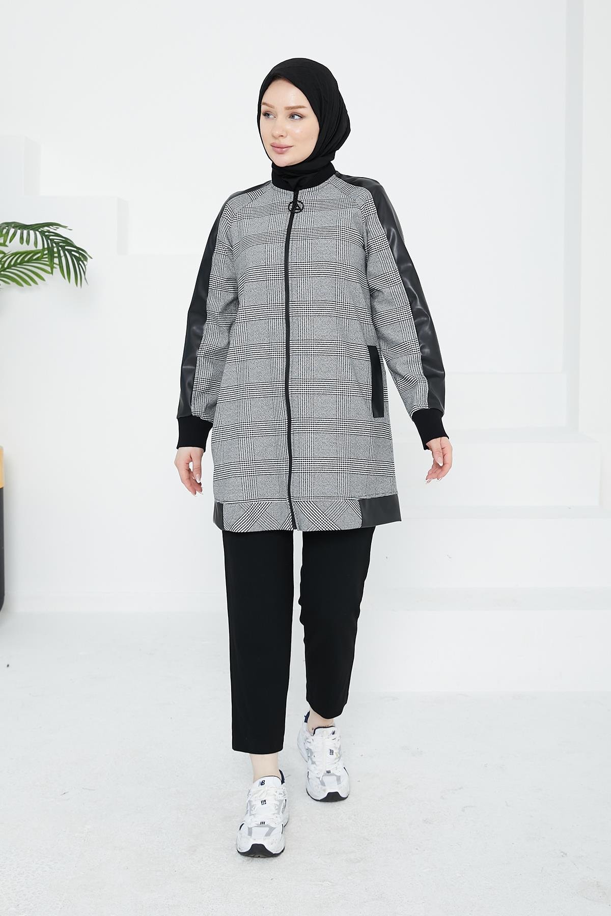 ARMİNE TREND Cepli Ekose Kare Desenli Tunik-Siyah 24KT465