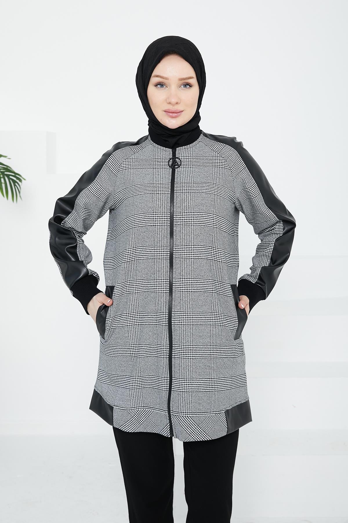 ARMİNE TREND Cepli Ekose Kare Desenli Tunik-Siyah 24KT465