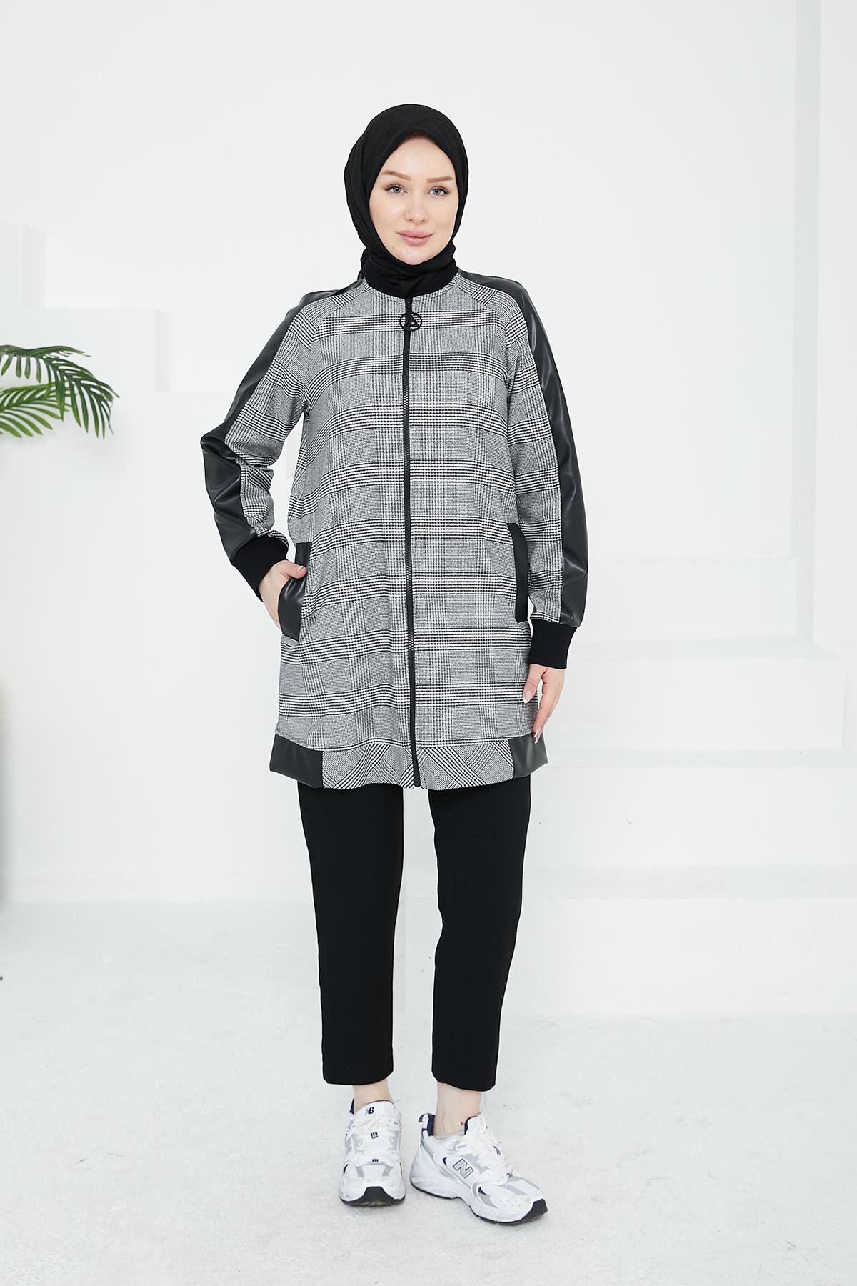 ARMİNE TREND Cepli Ekose Kare Desenli Tunik-Siyah 24KT465