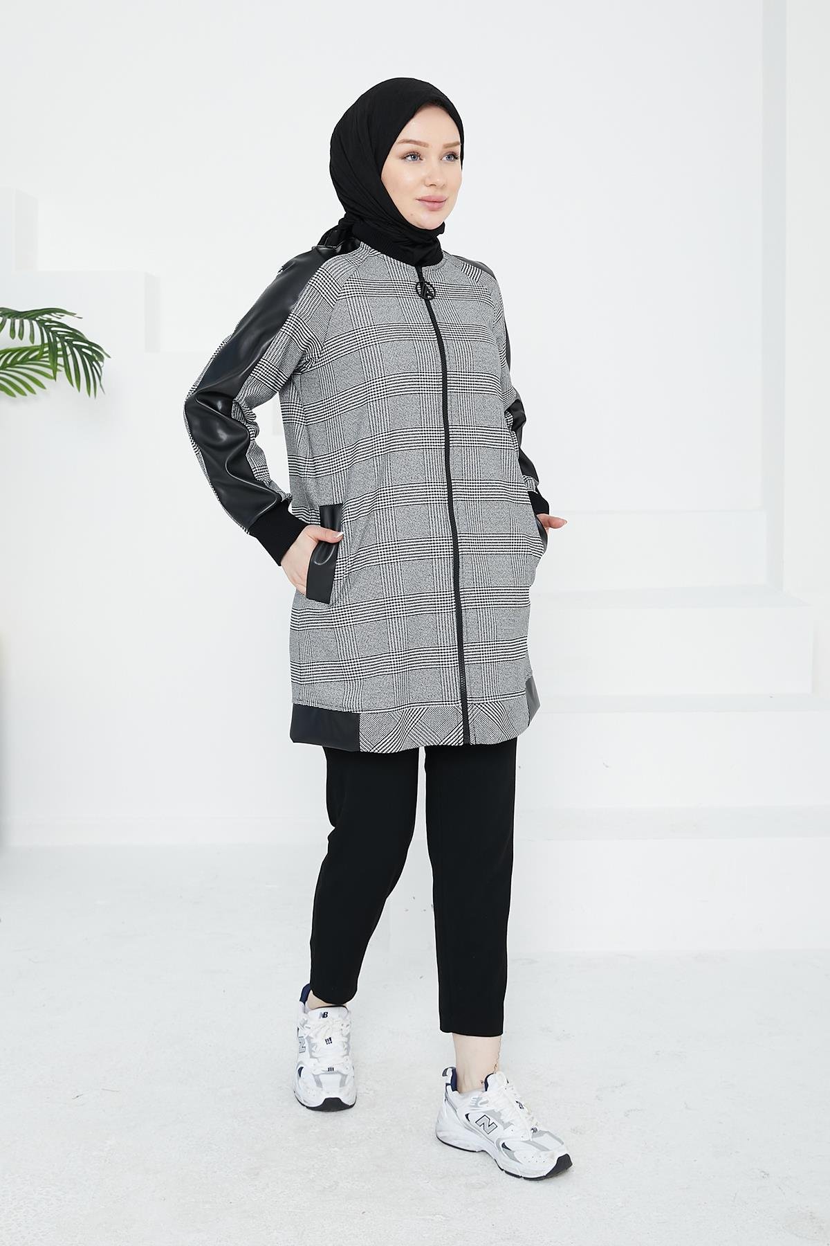 ARMİNE TREND Cepli Ekose Kare Desenli Tunik-Siyah 24KT465