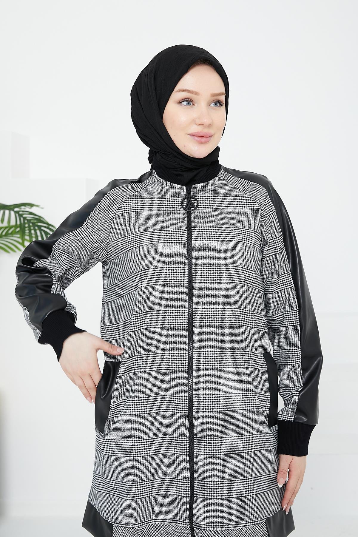 ARMİNE TREND Cepli Ekose Kare Desenli Tunik-Siyah 24KT465