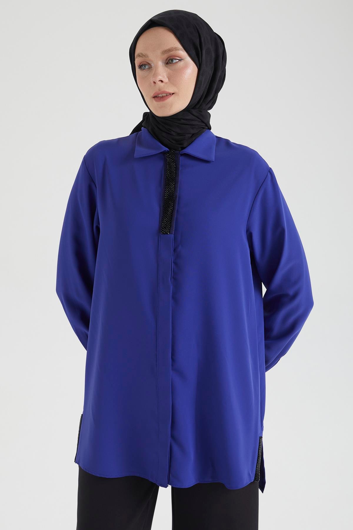 ARMİNE TREND Çıt Çıt ve Düğmeli Gömlek Yaka Tunik-Morcivert 25YT406