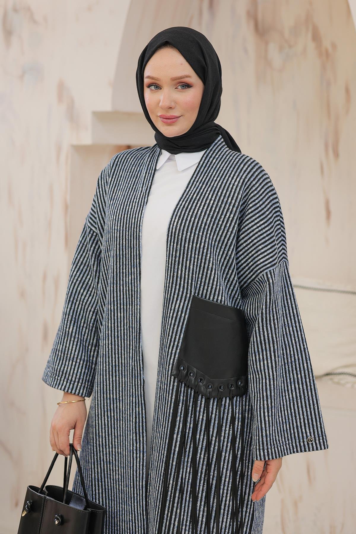 ARMİNE TREND Çizgi Desenli Cepli Giy Çık Siyah Laci 24KT506