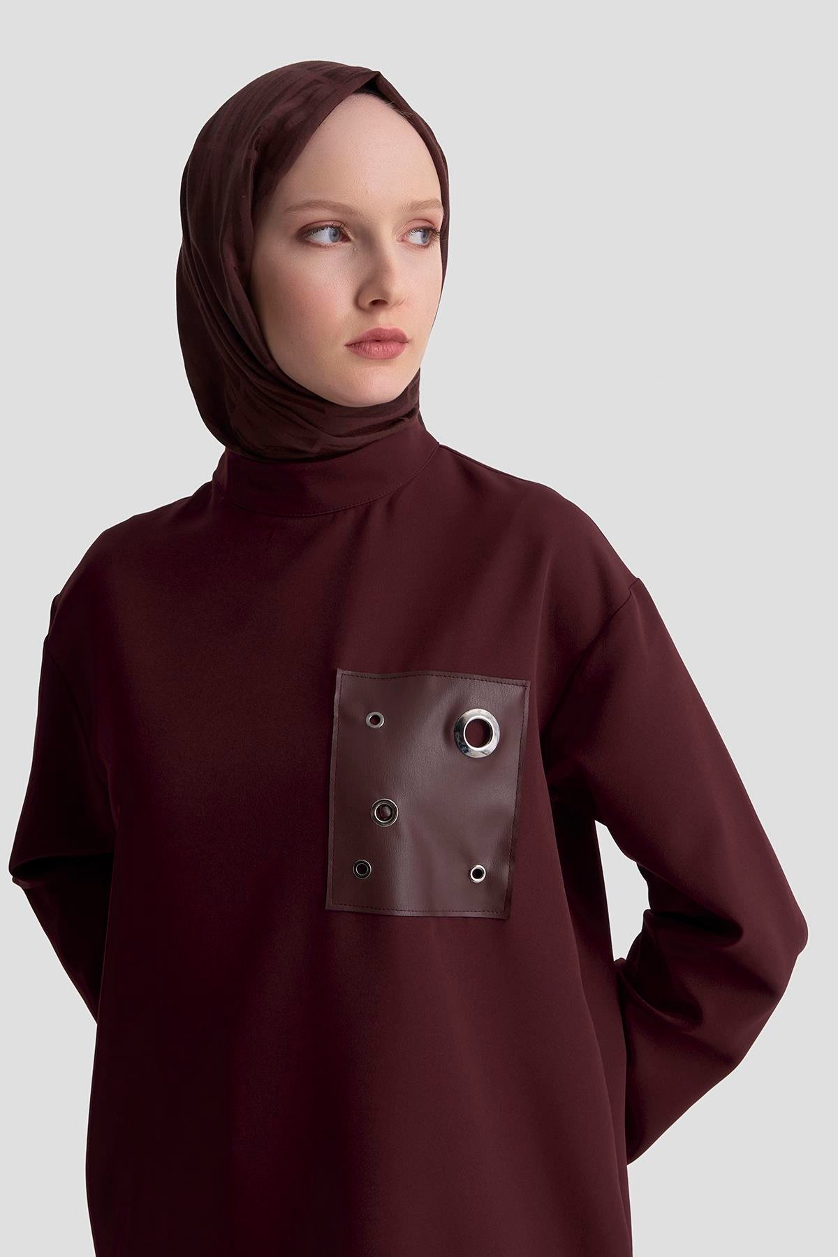 ARMİNE TREND Deri ve Kuşgözü Detaylı Tunik Bordo 25KT438