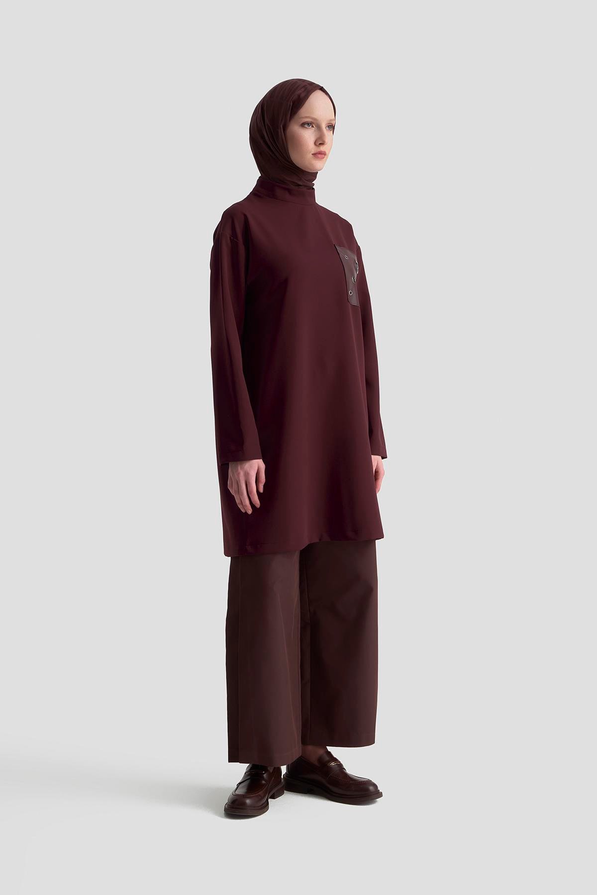 ARMİNE TREND Deri ve Kuşgözü Detaylı Tunik Bordo 25KT438
