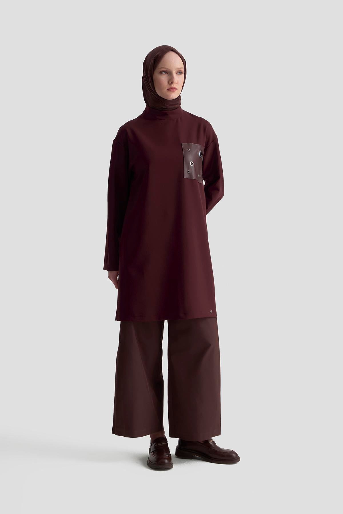 ARMİNE TREND Deri ve Kuşgözü Detaylı Tunik Bordo 25KT438