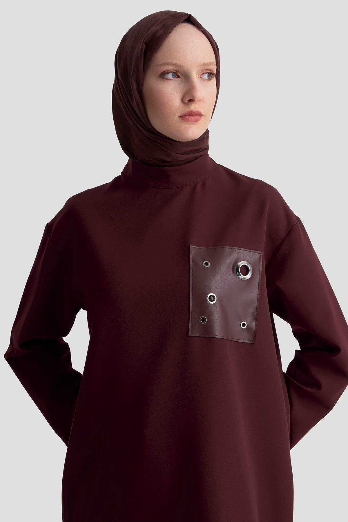 ARMİNE TREND Deri ve Kuşgözü Detaylı Tunik Bordo 25KT438